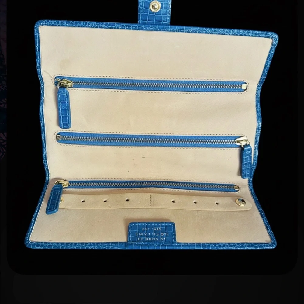 Smythson Turquoise Croc Embossed Jewelry Roll Travel Pouch Case Folio Clutch - Picture 3 of 10